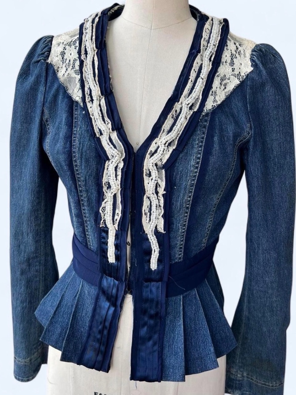 Vintage Denim TwoG Peplum Jacket with Lace Trim